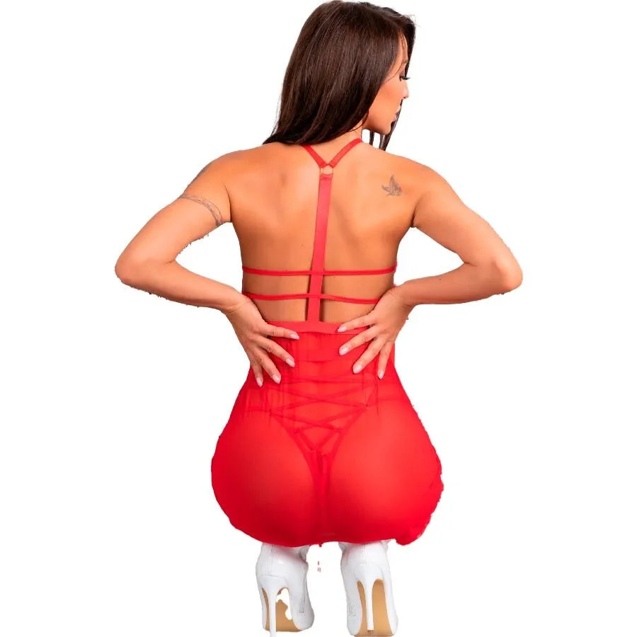 Ensemble lingerie Noël rouge avec plumes blanches, mini-robe semi-transparente, design audacieux et glamour.