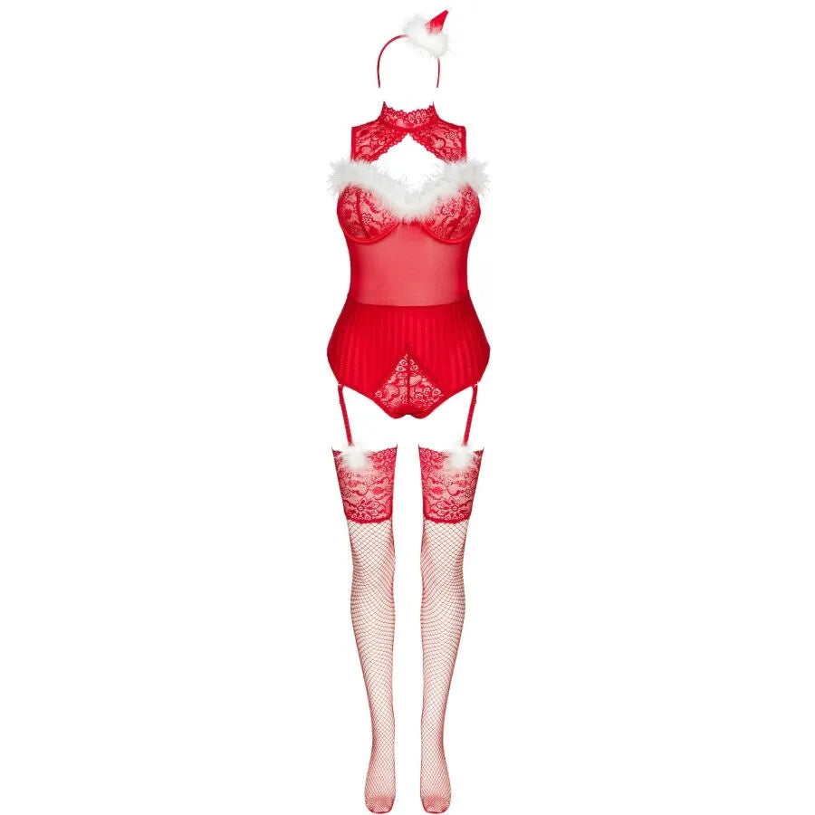 lingerie érotique Noël corsetti body bas résille bandeau bonnet fourrure blanche rouge vif jarretelles bretelles ajustables extensible sensuelle