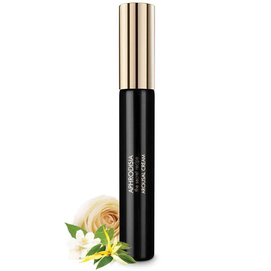 Flacon noir cylindrique avec bouchon doré, crème aphrodisiaque féminine Bijoux Indiscrets, 13ml, élégant et discret.