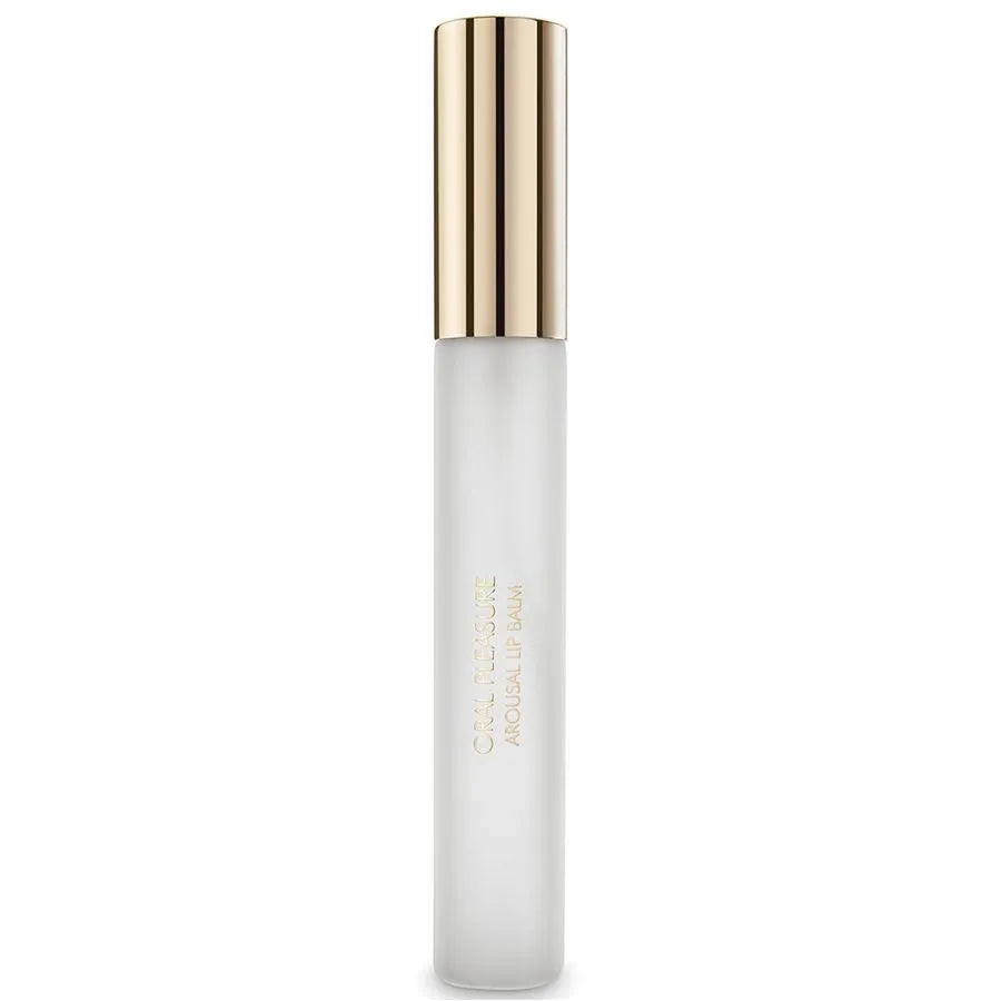 Baume à lèvres stimulant 13 ml, flacon transparent avec bouchon doré, effet chaud et froid pour intimité orale.