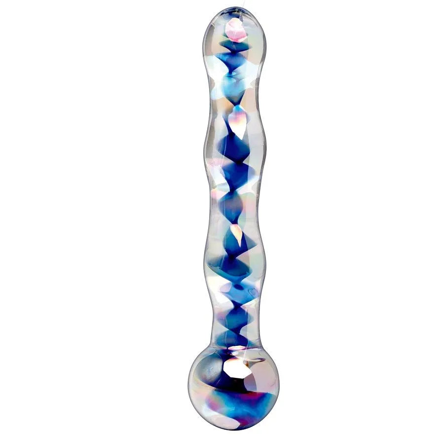 Masseur en verre soufflé élégant, design ondulé, hypoallergénique, durable, sextoy, plaisir intime, couple, bien-être, stimulation érogène, hygiénique, sensation chaude/froide, couleur iridescente, discret, durable