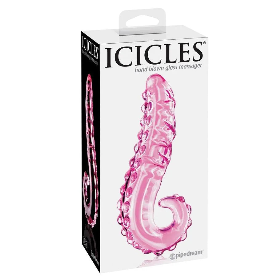 Dildo en verre rose courbé avec nodules, design ergonomique pour stimulation, hypoallergénique et facile à nettoyer.