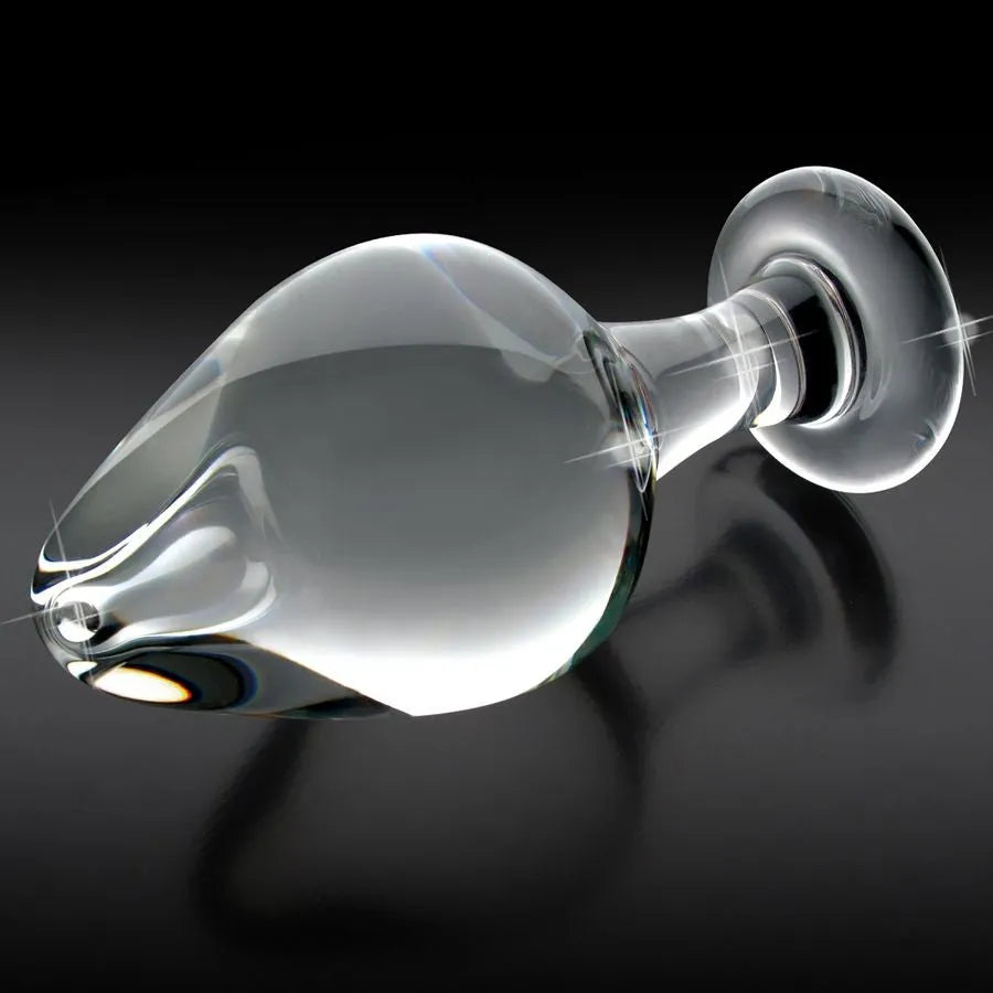 Masseur anale en verre soufflé transparent, forme conique élégante, hypoallergénique, compact, 7,5x4,5 cm.