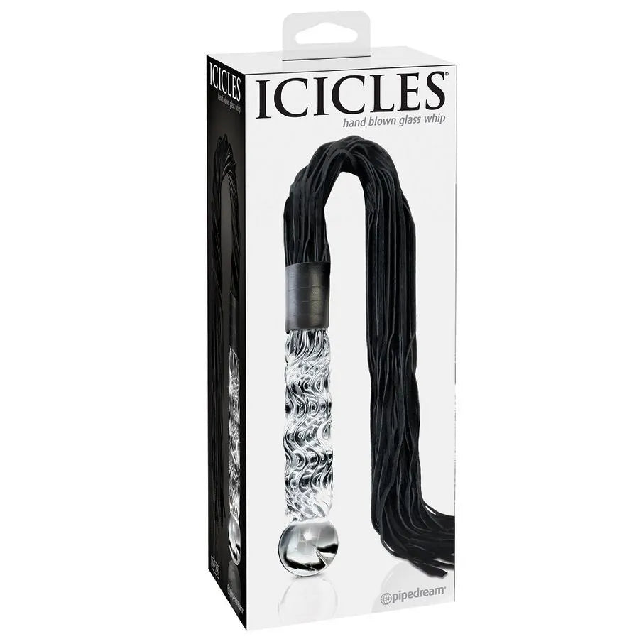 Fouet érotique en verre soufflé avec manche ondulé transparent et lanières noires, emballage élégant.