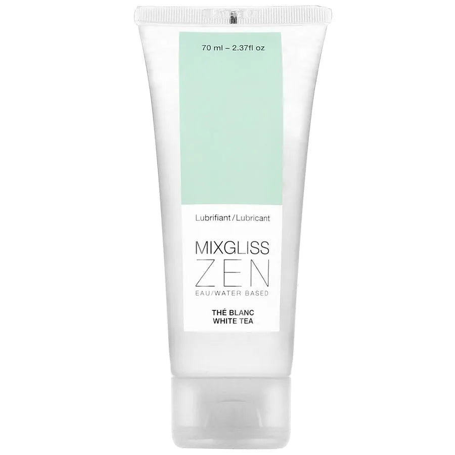 Lubrifiant intime Mixgliss Zen à base d'eau parfum thé blanc 70ml tube transparent facile à utiliser compatible préservatifs bien-être intime sextoy