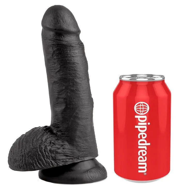 Gode réaliste noir 17 cm avec ventouse, texture veinée, tête détaillée, hypoallergénique, sans phtalates, à côté d'une can...