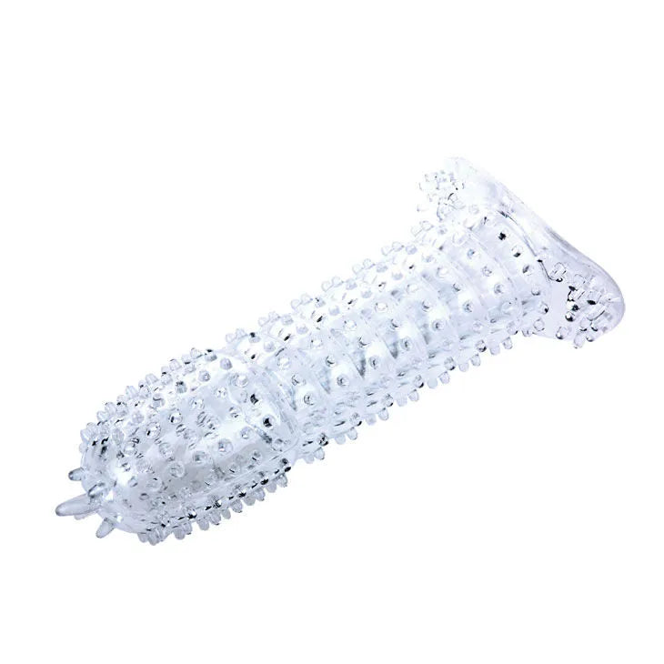 Coque pénienne en silicone rose texturée avec nodules, flexible et réaliste pour prolongation érection et plaisir intense.