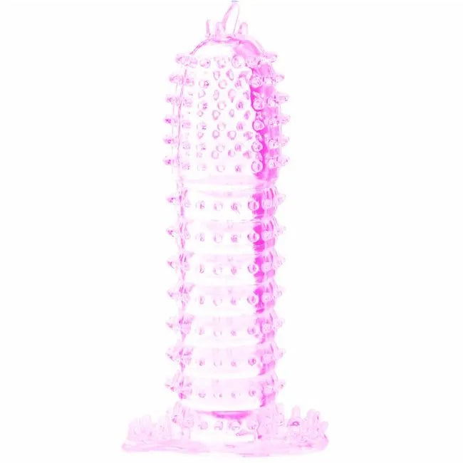 Coque pénienne rose texturée en silicone souple avec nodules pour prolongation érection et plaisir intense.