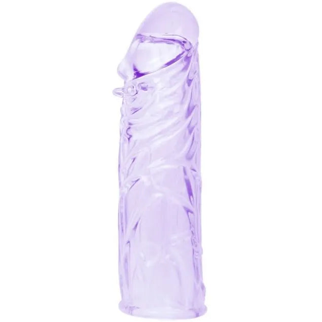 Coque silicone souple violette nervurée, extensible, 13cm, stimulation pénis, plaisir intense, design adaptable.