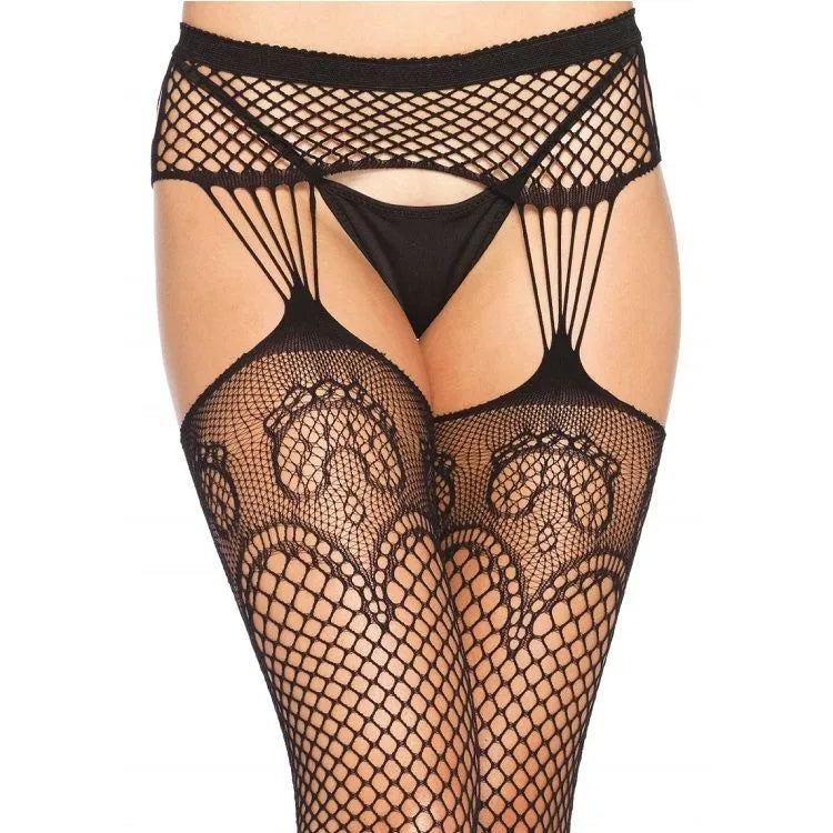 Bas résille noirs motif jarretière, dentelle florale, taille unique, élégants et séduisants, en polyester et élasthanne.