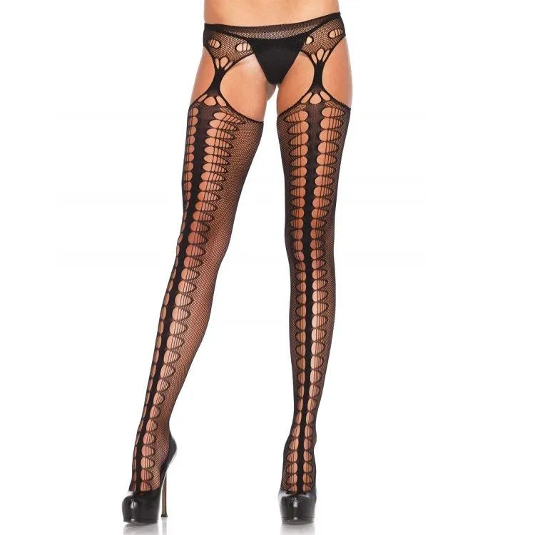 culotte portejarretelles maille noire ouvertures ovales taille unique réglable élastique confortable sexy élégante sophistiquée coutures décoratives extensible séduisant