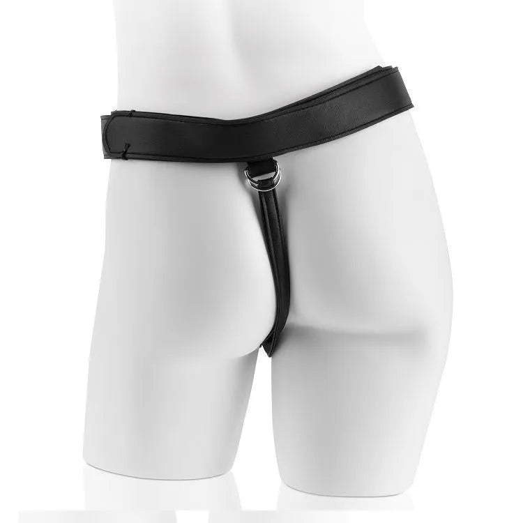 harnais vinyle ajustable noir gode réaliste ventouse 23cm base stabilité sangles boucles métalliques intérieur doux confort résistant hygiénique