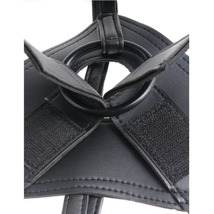 harnais vinyle ajustable noir gode réaliste ventouse 23cm base stabilité sangles boucles métalliques intérieur doux confort résistant hygiénique