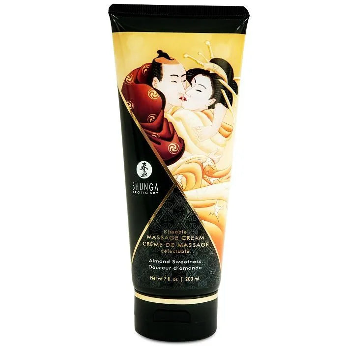 crème massage érotique comestible amandes douces Shunga sensorielle gustative tactile embrassable non toxique tube souple capuchon vissable 200ml élégant