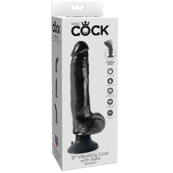 Gode vibrant noir réaliste 23cm avec ventouse, texture veiné, multivitesse, imperméable, flexible, compatible harnais.