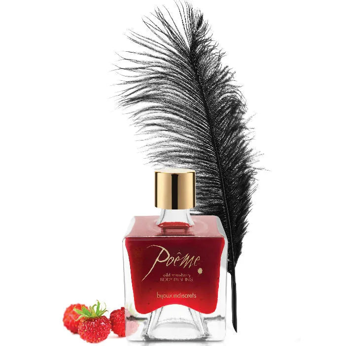 encre corporelle comestible Poême fraise sauvage 50g flacon verre transparent capuchon doré plume noire application précise sensuelle romantique