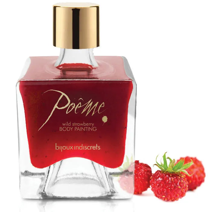 Flacon carré en verre transparent avec encre rouge fraise sauvage, capuchon doré, plume noire pour application précise.