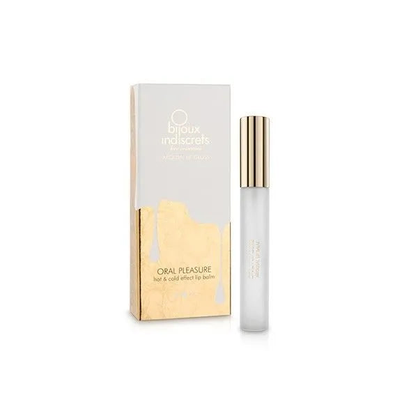 Baume à lèvres stimulant Bijoux, flacon 13 ml, effet chaud-froid, emballage élégant or et blanc, accessoire intime.
