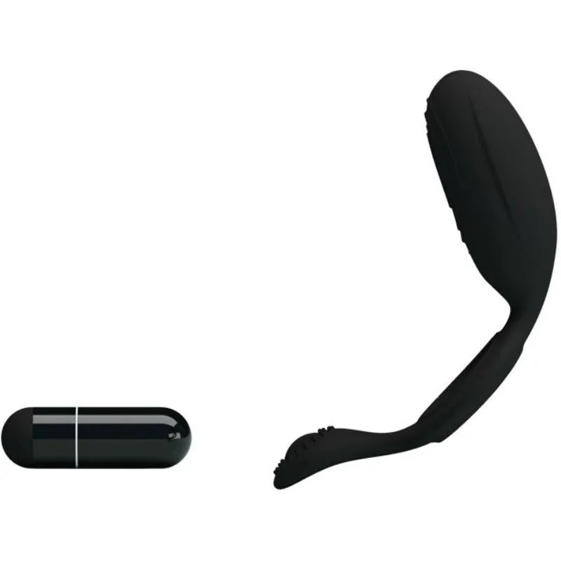 Anneau vibrant noir Pretty Love Ethel en silicone, forme ergonomique, surface texturée, capsule vibrante amovible.