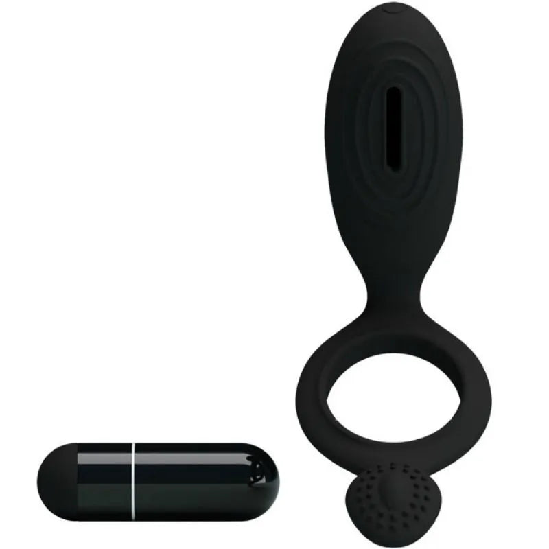 Anneau vibrant noir Pretty Love Ethel, silicone texturé, capsule vibrante, design ergonomique pour stimulation clitoridienne.