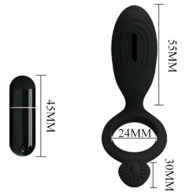Anneau vibrant noir Pretty Love Ethel, silicone texturé, capsule vibrante, dimensions indiquées, ergonomique et discret.