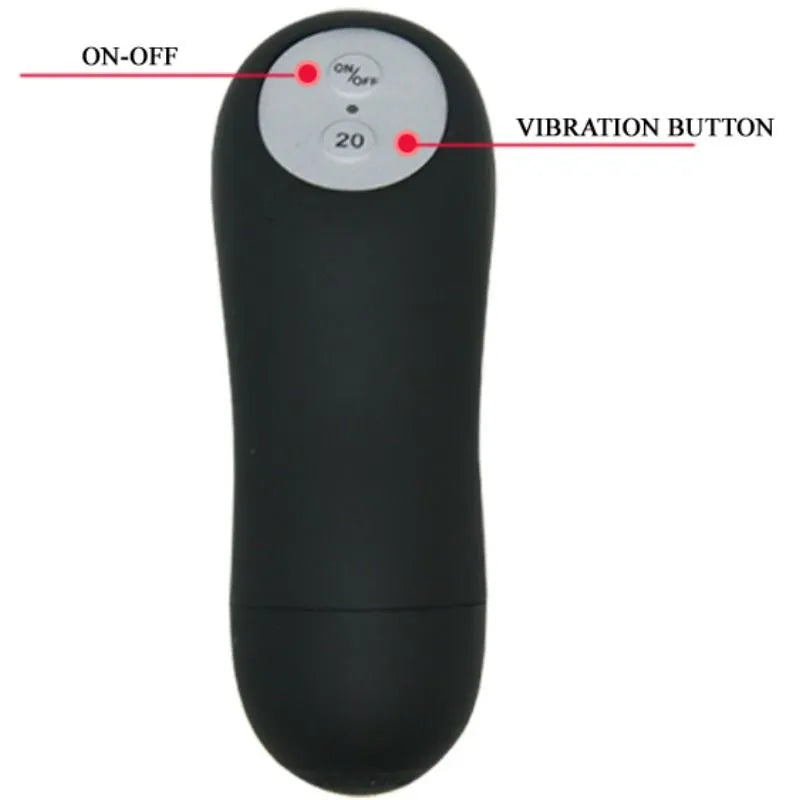 Télécommande noire avec boutons pour contrôler une balle vibrante, accessoire pour string sexy, vue de face.