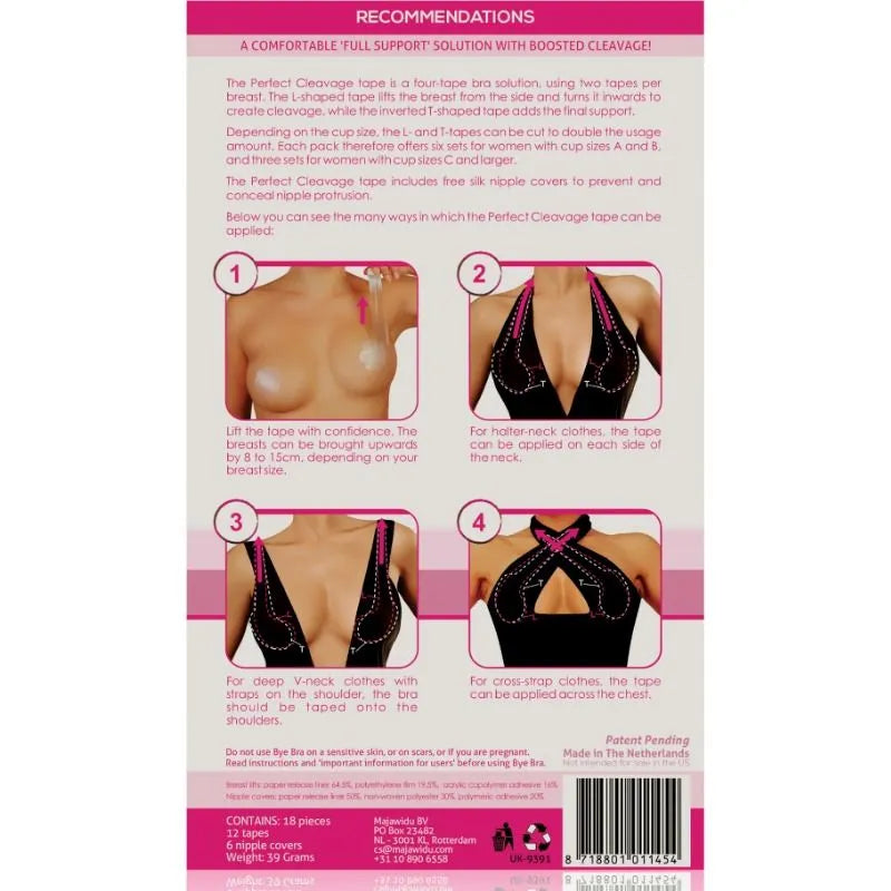 Adhésif soutien seins Bye Bra pour décolleté V profond, illustration d'application et résultats, couleur chair.