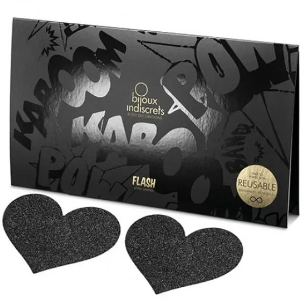 Bijoux Indiscrets Flash paillettes noires en forme de cœur, réutilisables, élégance audacieuse pour robes dos nu.