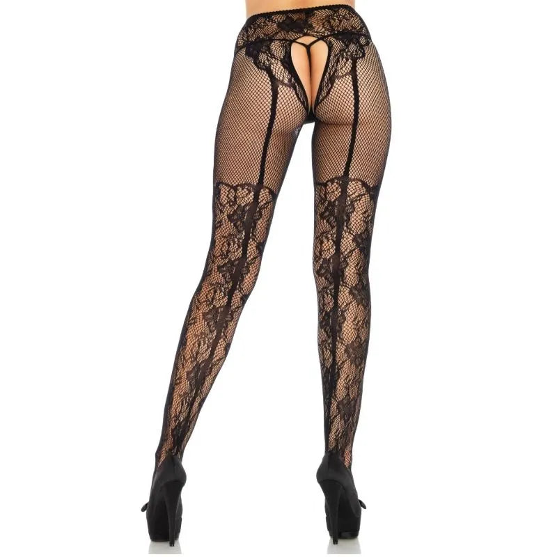 collant ouvert illusion portejarretelles dentelle florale noeud décoratif sensuel élégant raffiné extensible confortable tailleunique séduction soirée romantique glamour féminin