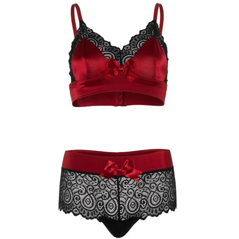 Ensemble lingerie satin rouge et dentelle noire, bralette et culotte, bretelles réglables, fermeture crochets, séduction.