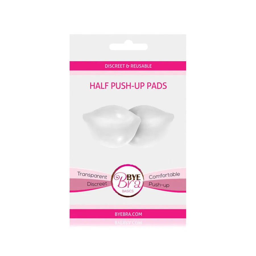 Coussinets push-up transparents réutilisables, forme demi-lune, emballage blanc et rose, pour soutien-gorge discret.