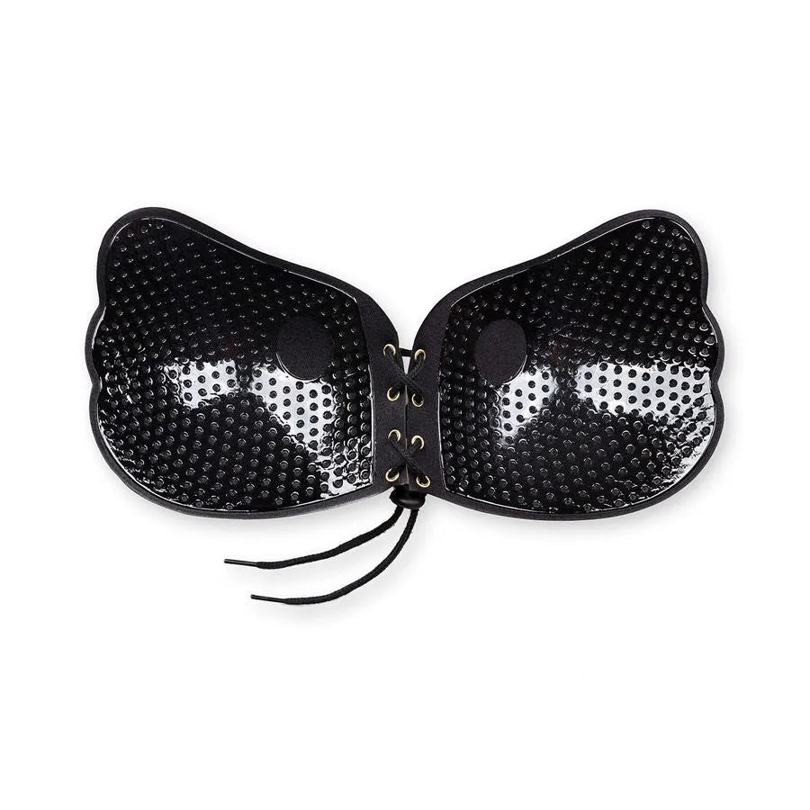 Soutien-gorge push-up noir en dentelle, sans bretelles, réutilisable et autocollant, offrant un décolleté rehaussé.