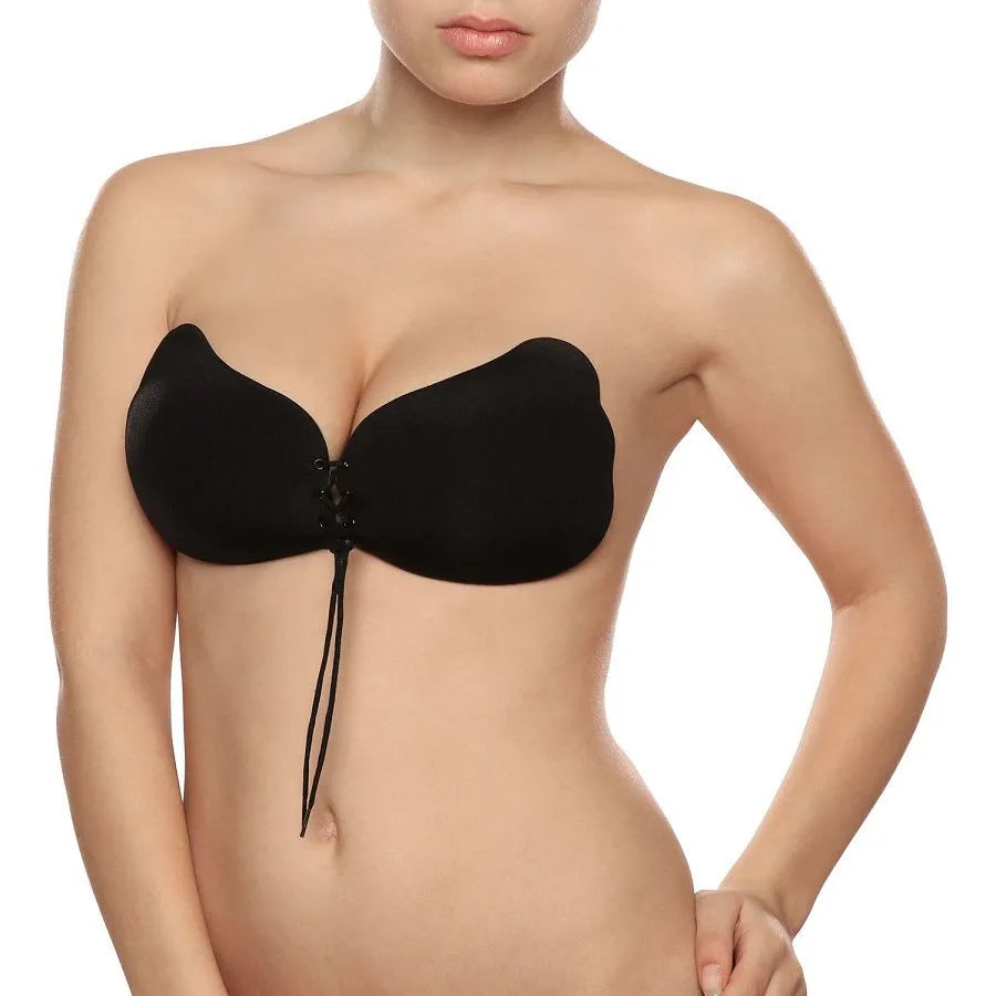 Soutien-gorge noir sans bretelles, dentelle, push-up, adhésif, fermoir ajustable, invisible sous vêtements, dos nu.