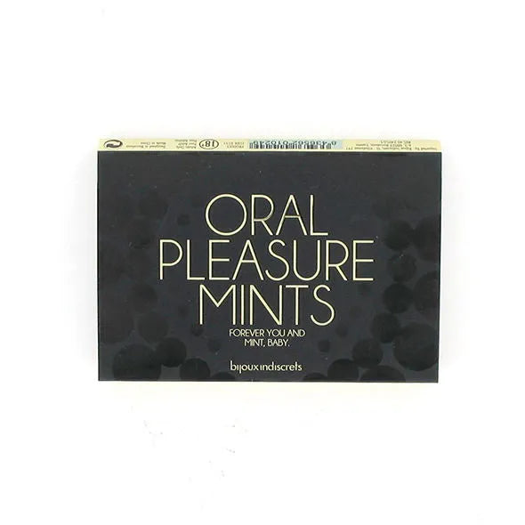 Boîte noire de bonbons mentholés Bijoux Indiscrets pour plaisir oral, texte doré, design élégant et discret.