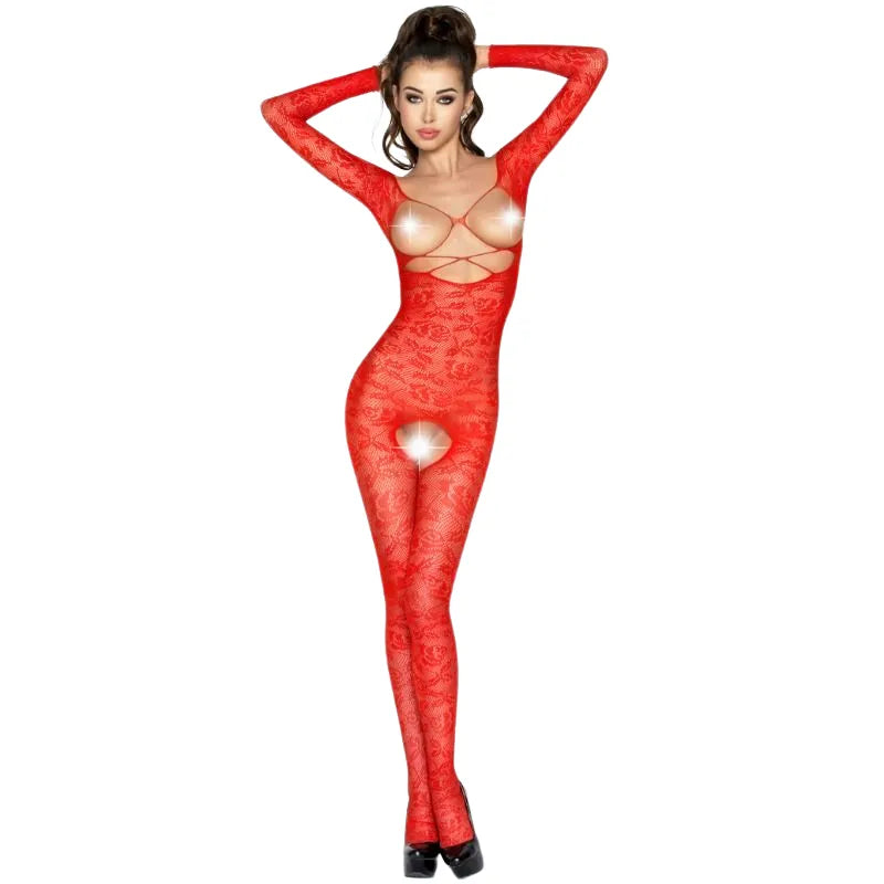 PASSION FEMME BODY RESILLE SEXY BRODERIE ROUGE OUVERTURE ENTREJAMBE