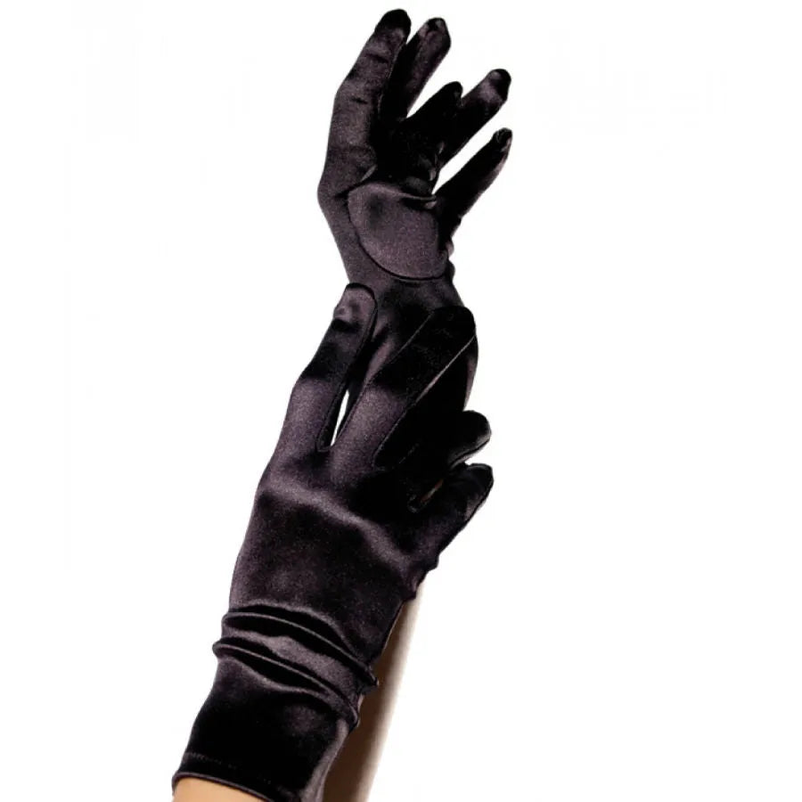 gants satin noir courts élastiques effet brillant soyeux confort tailleunique extensibles couturesdiscrètes glamour raffiné intemporel mariage cérémonie soirée