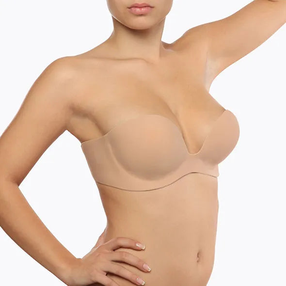 Soutien-gorge beige balconnet sans bretelles, galbant avec armatures, idéal pour robes dos nu, effet push-up.