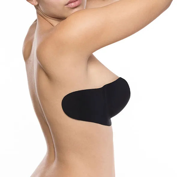 Soutien-gorge noir sans bretelles BYE-BRA Gala, balconnet, push-up adhésif, idéal pour robe dos nu, galbe et soulève.