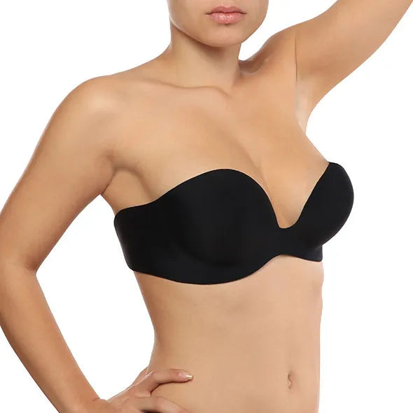Soutien-gorge noir balconnet BYE-BRA Gala, sans bretelles, avec armatures et coussinets push-up pour silhouette galbée.