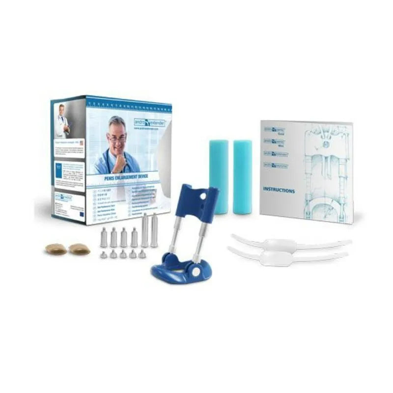 Extenseur de pénis Andro Extender bleu avec accessoires, boîte et manuel, dispositif médical certifié CE pour bien-être in...