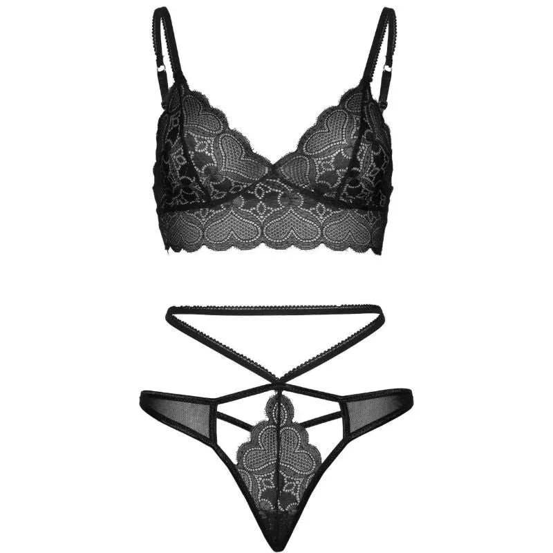 Ensemble lingerie dentelle noire, bralette cœur, string découpé, lanières audacieuses, tailles S-M, élégance et séduction.