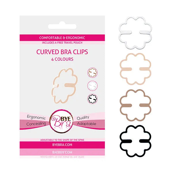 Clips soutien-gorge ergonomiques Bye Bra, formes courbées, couleurs variées, pochette voyage incluse, design discret.