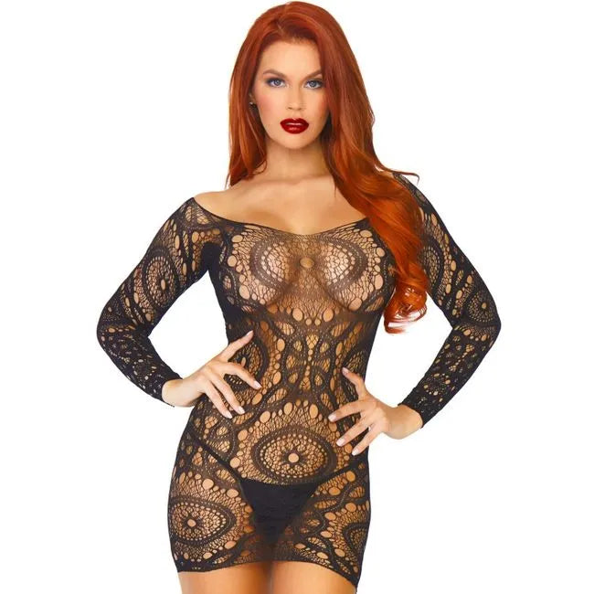 minirobe dentelle crochet noire manches longues féminine élégante sophistiquée sexy ajustée extensible résille transparente tailleunique adaptable soirée cocktail glamour séduction
