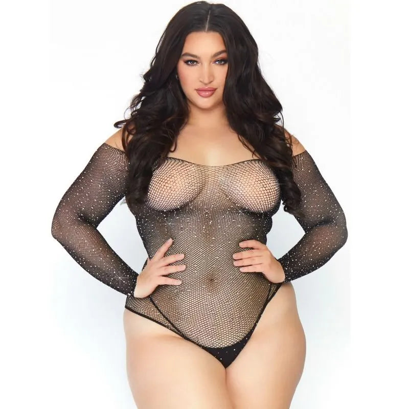 body résille cristallisée noir manches longues grande taille sexy moulant ajusté scintillant strassé glamour élégant féminin polyamide élasthanne