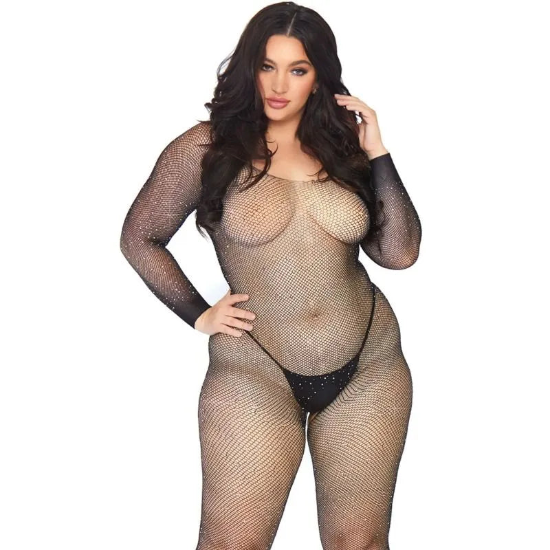 Combinaison résille noire cristallisée manches longues, grande taille, sans couture, sublimant la silhouette féminine.