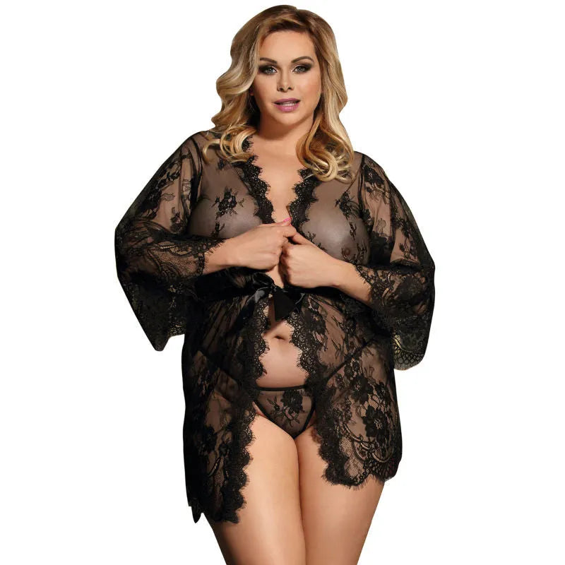 Peignoir sensuel noir grande taille dentelle manches évasées Subblime