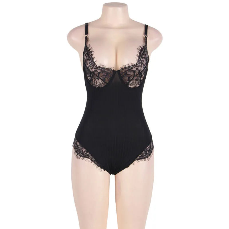 Teddy noir dentelles florales franges sensuel confortable grande taille création exclusive transparences lacets boîte cadeau sophistiqué élégance