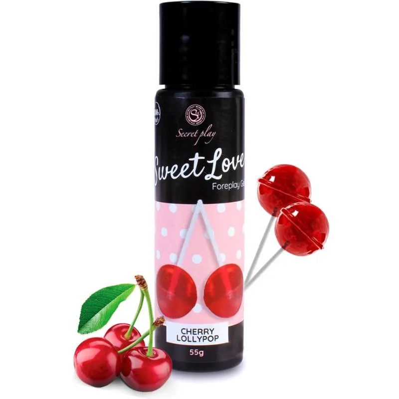 Gel lubrifiant comestible à la cerise Sweet Love Secretplay 60ml, flacon noir avec étiquette cerise, texture lisse.
