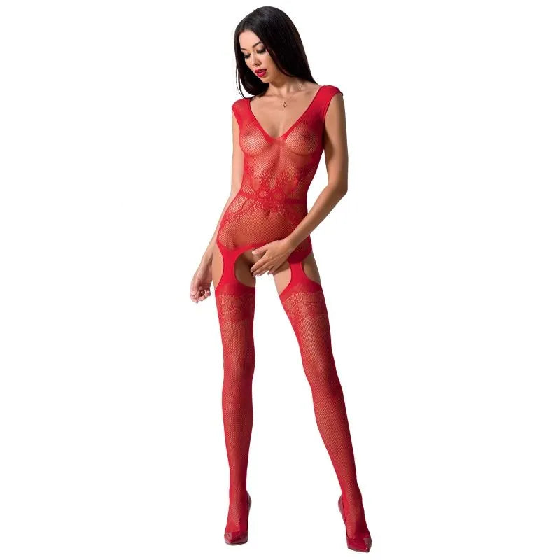Body résille rouge broderie ouverture entrejambe sexy taille unique extensible polyamide élasthanne fabrication européenne Passion