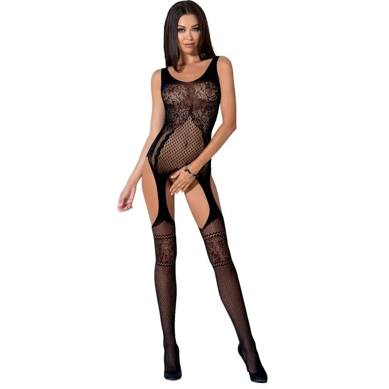 Body résille noir dentelle sexy avec ouverture entrejambe, accentuant les courbes féminines, lingerie Passion élégante.